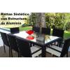 Conjunto mesa y 6 sillas con brazos, cristal y cojines, resistente al agua